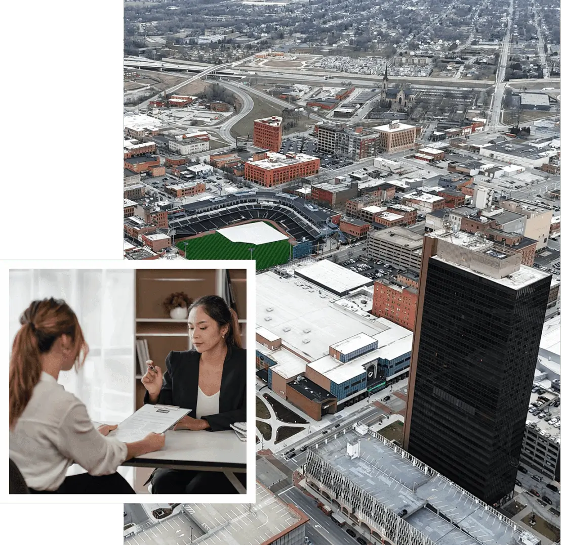Cityscape with office meeting overlay